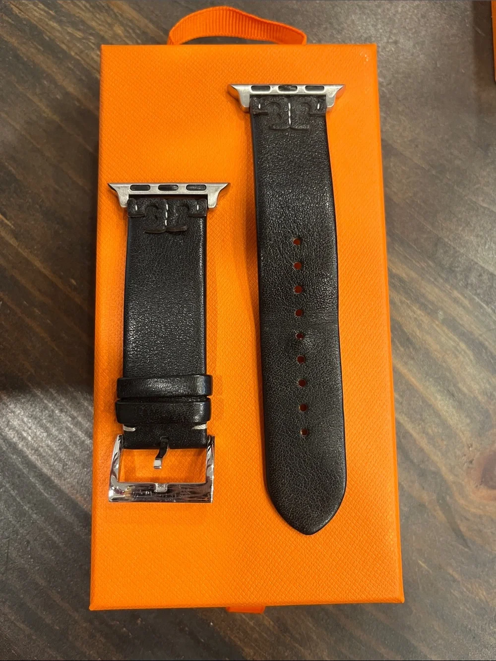 Tory Burch Black Leather Apple Watch Band with Silver Hardware
